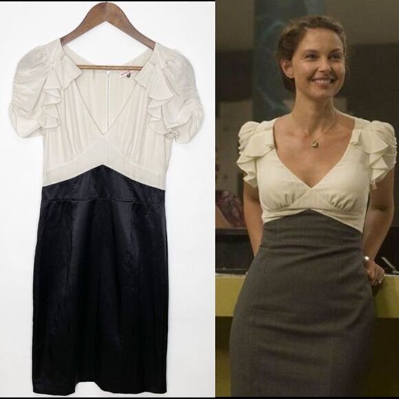 Rebecca Taylor Silk Ruffle Combo Dress Black Ivory Size 8 - Picture 1 of 8